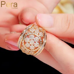 Pera Luxury Brand Micro Pave CZ Zircon Yellow Gold Color Big Flower Finger Rings for Dubai Women Banquet Prom Party Jewelry R119