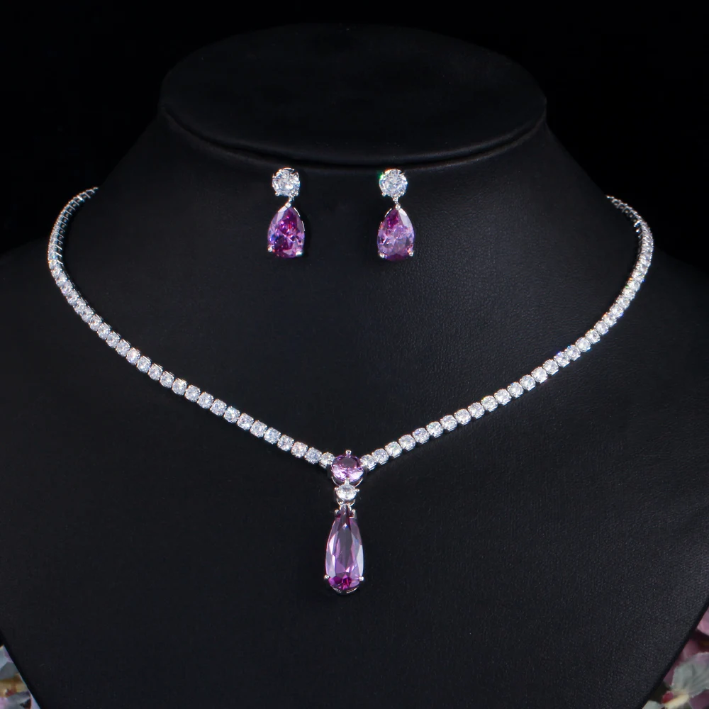 CWWZircons Top Rot-Lila Kubisches Zirkonia Wassertropfen-Design Modisches Schmuckset für Damen zur Verlobung, Party, Hochzeit, als Brautjungferngeschenk T0751 – Detail 1
