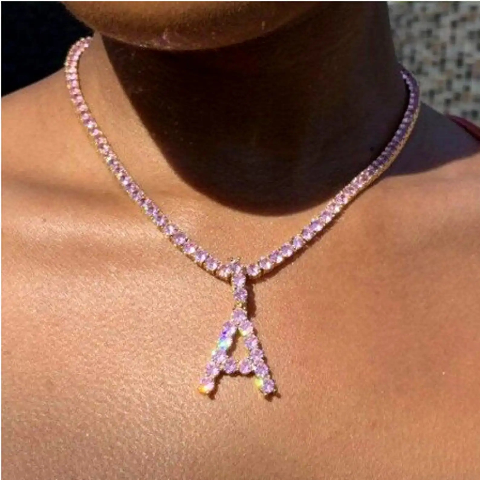 Bling Iced Out Rhinestone Tennis Chain Letter Pendant Necklace For Women Luxury Pink Crystal Initial Choker Necklace Jewelry