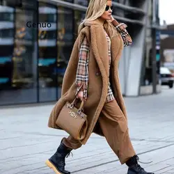 Chaqueta larga de oso de peluche para mujer, abrigo de lana sintética con solapa, chaleco de piel de oveja falsa, abrigo de lujo, Invierno