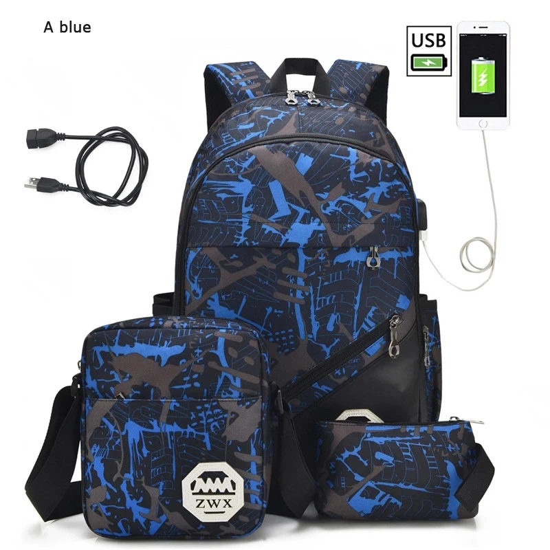 Conjunto de 3 unids/set de mochila USB para hombre y mujer, morral escolar de viaje, bolso de hombro para estudiante