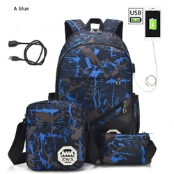 3 pcs /set USB Male backpack high school bags for women travel men school backpacks boys one student shoulder bag sac mochila