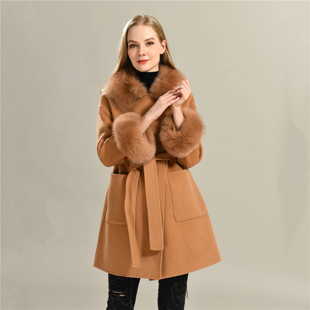 Jxwatcher Cashmere Wool Coat Big Real Fur Collar High-end Double Face Cashmere Coats Autum Newn Winter Jacket Belt Women Warm