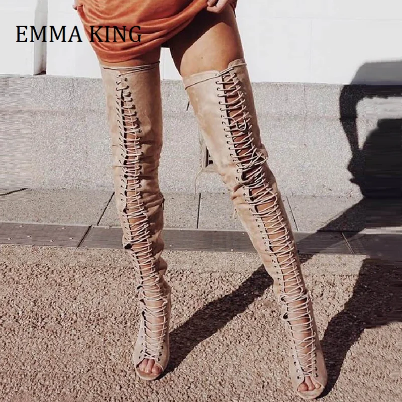 

2021 Spring Women Front Lace Up Gladiator Sandals Boots Cross-tied Thigh High Boots Sandals Sexy High Heels Over The Knee Boots