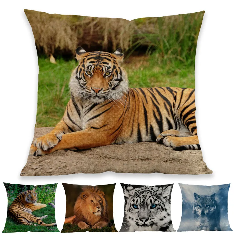 

Beast of prey Tiger Lion Snow Leopard Wolf Animals Pattern Linen Throw Pillow Case Home Sofa Car Decorative Cushion Covers