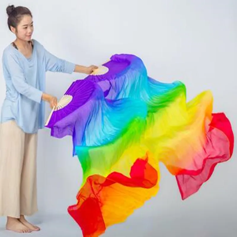 Silk Belly Dance Fan Veils Gradient Rainbow Colors Light Weight Bamboo Long Fan 180cm Women Chinese Folk Dabcer Props Cheap