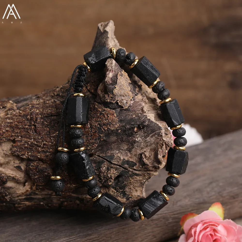 Natürliche schwarze Turmalin-Stein-Nugget-Perlen, schwarze Lava-Rondelle-Perlen, Kordel, geknotet, verstellbares Armband für Damen, Boho-Seil-Armband – Detail 6