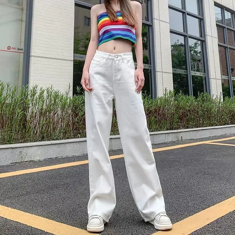 Woman Jeans Pants White High-Waist Summer Straight Width Pine Nuts Pantalones Vaqueros Mujer