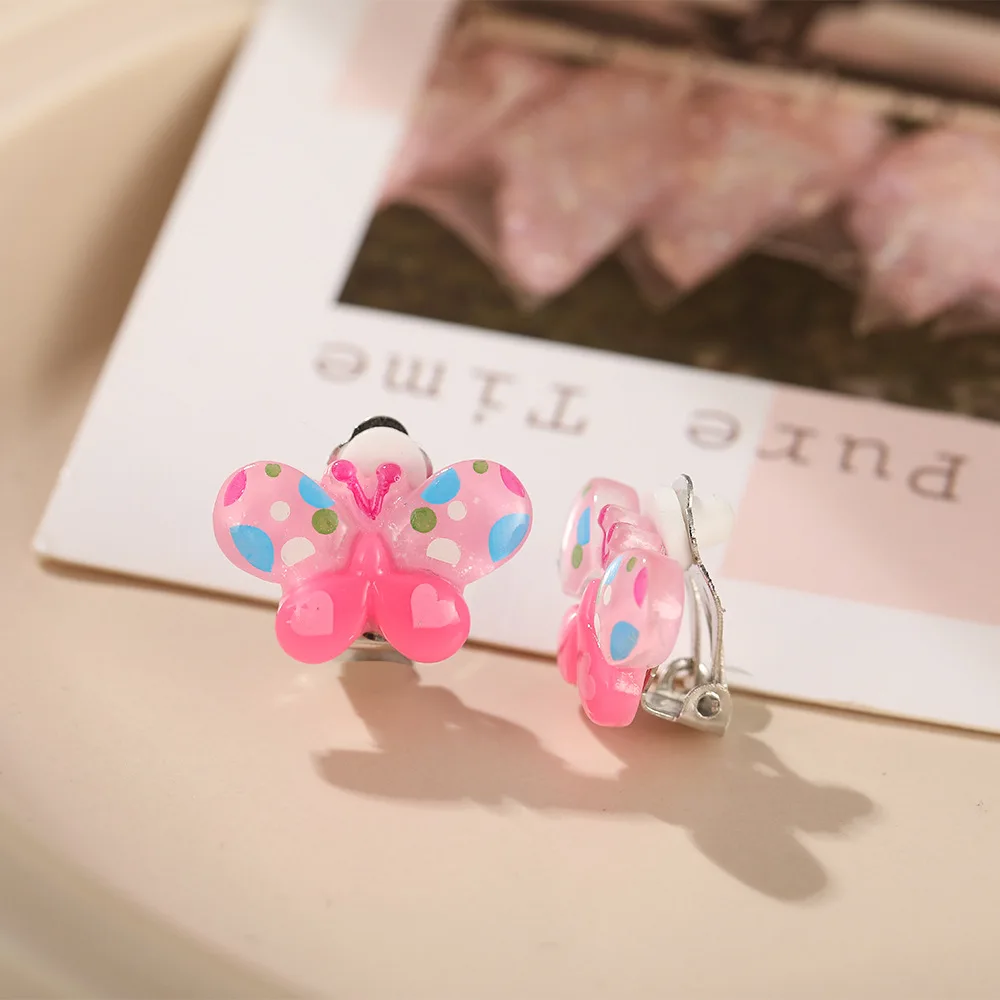 Children Baby Girl Jewelry Kids Cute Animal Fruit Cherry Resin Ear Clip On Pierced Party Gift Cartoon Flower Earrings