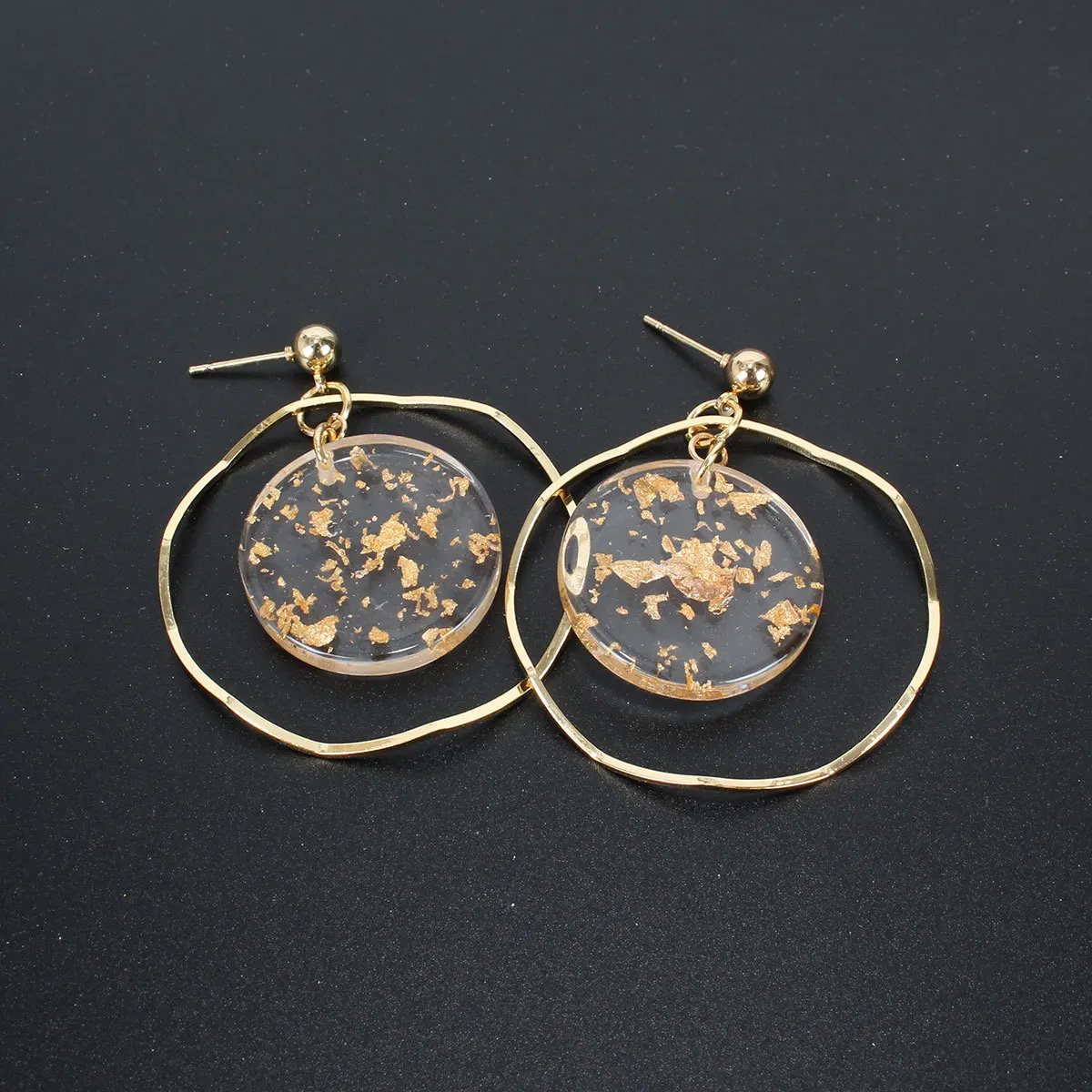 Korean Tide Retro Fashionable Metal Hollow Out Earring Mosaic Circle Transparent Resin Gold Sequins Simple Geometric Earrings