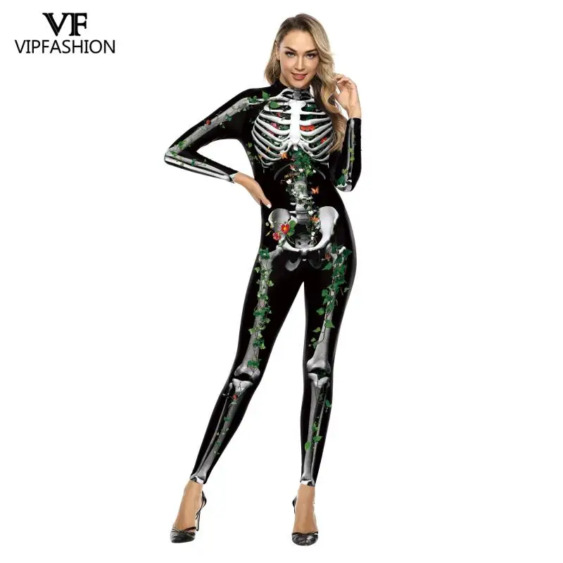 VIP FASHION Costume di Halloween per donna Skull Skeleton stampato costumi Cosplay Zentai Suit Sexy Carnival Party Purim body