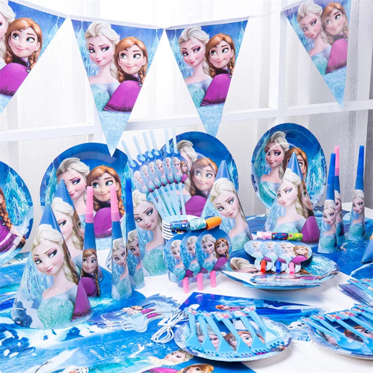 Frozen Party Blue Cartoon Characters Themes Disposable Cutlery Sets Napkins Paper Plates For Child Birthday Supplies Party Decor