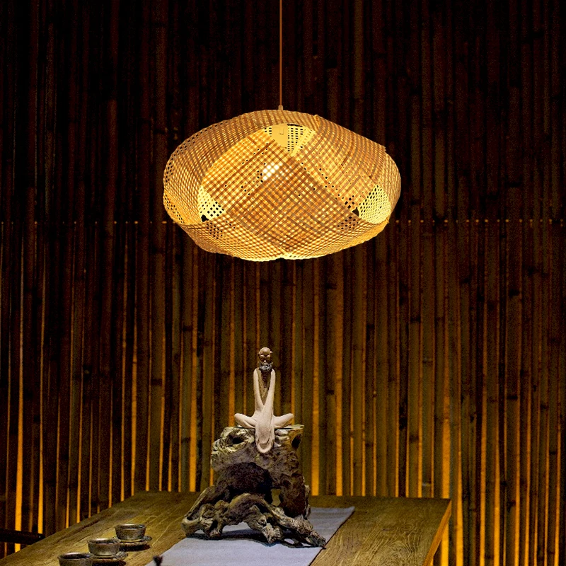 Bamboo Wicker Rattan Cloud Shade Pendant Light Fixture Japanese Tatami Hanging Ceiling Lamp