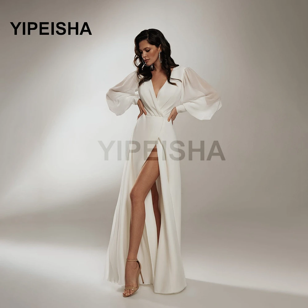 Customized Simple V-Neck Long Sleeve A-Line Evening Dresses Front High Split Chiffon Wedding Party Gown Vestidos De Fiesta Robes