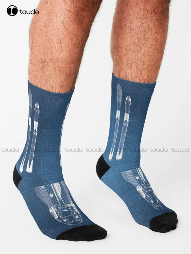 Spacex Crew Dragon Spacecraft & Falcon 9 Rocket Blueprint In High Resolution (Light Blue) Socks Cotton Socks For Men Funny Sock