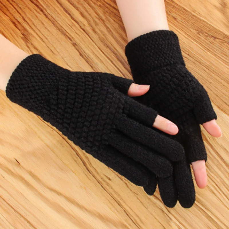 Unisex Cashmere Half-finger Cycling Mittens Women Winter Warm Thick Knit Wool Fingerless Writing Touch Screen Driving Gloves H68