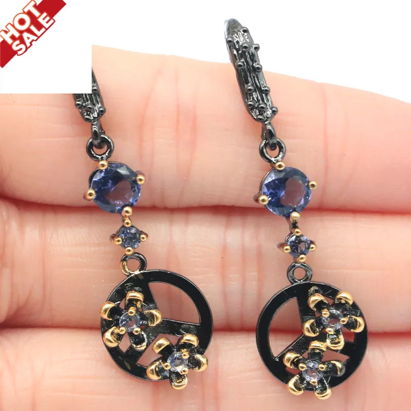 Buy 3 Get 1 Free 47x13mm 5.9g Vintage   New Stone Iolite Pink Raspberry Rhodolite Garnet  Black Gold Silver Earrings