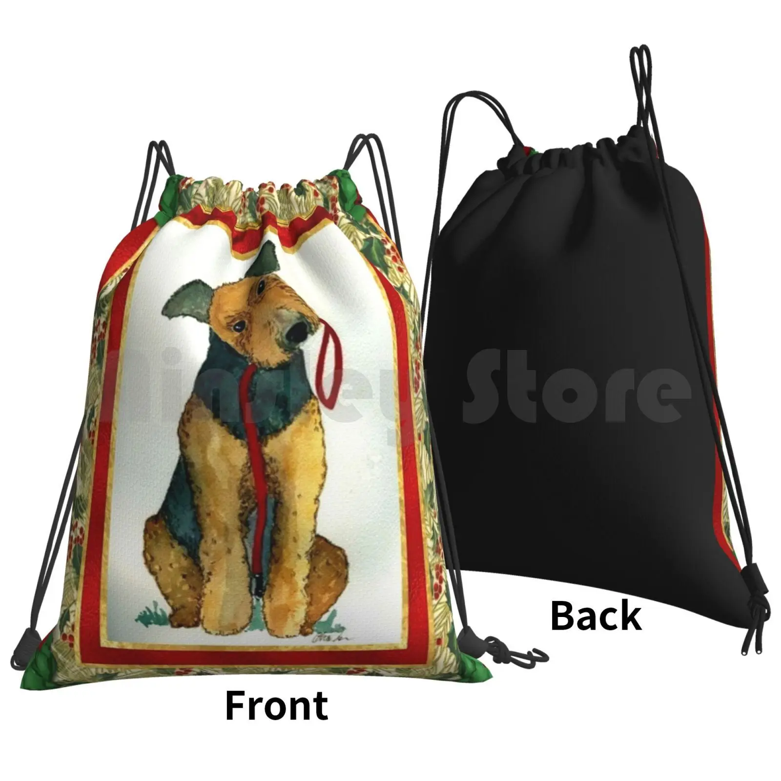 Airedale Terrier Dog Christmas Backpack Drawstring Bags Gym Bag Waterproof Airedale Terrier Dog Christmas