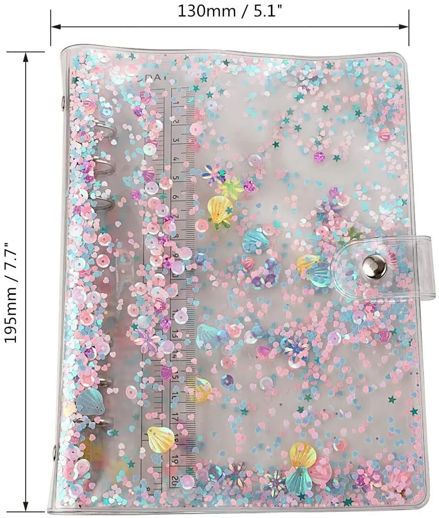 A6 6-Ring Loose Leaf Binder Cover Women PVC Confetti For Girls Planner Notebook Refillable Shell with Snap Button