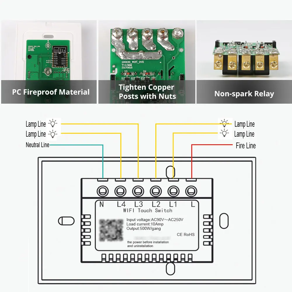 Interruptor táctil de luz Led para pared, 1/2/3/4 entradas, 1 vía, WiFi, para Google Home, Alexa, Control por voz, estándar de EE. UU.