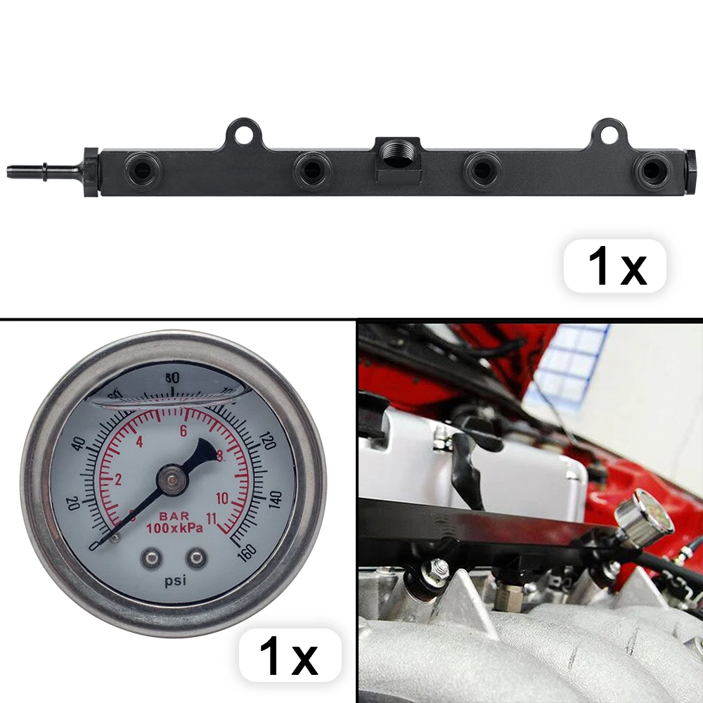 

K SERIES BLACK FUEL RAIL SUIT FOR H0NDA K20 K24 RSX CIV1C SI INTEGRA EP3 With 0-160 PSI SILVER OIL PRESSURE GAUGE