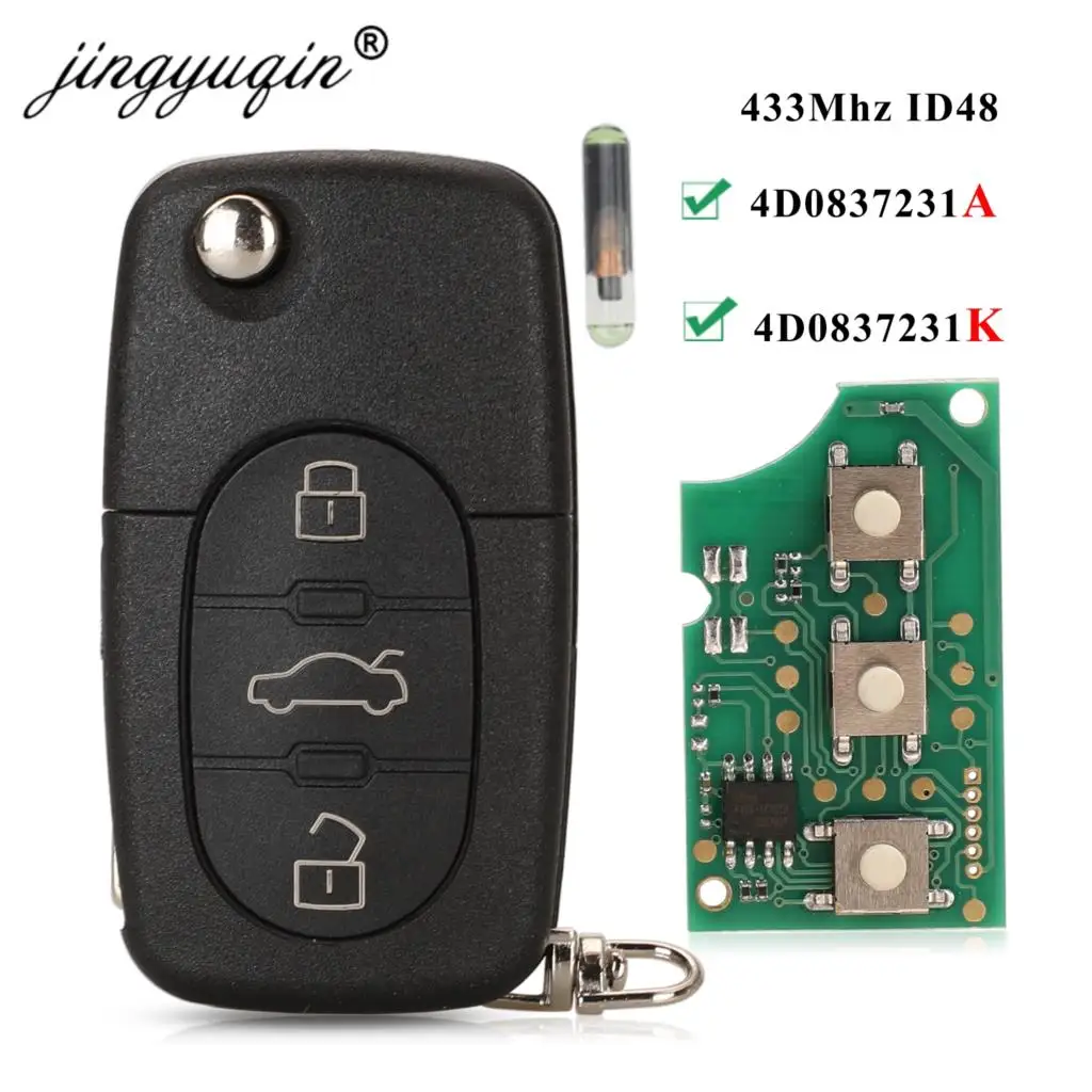 jingyuqin 4D0837231A 4D0837231K Key Fob For Audi A3 A4 A6 A8 TT RS4 Quattro 1994 - 2004 433Mhz ID48 Chip Car Remote Flip Key 3BT 