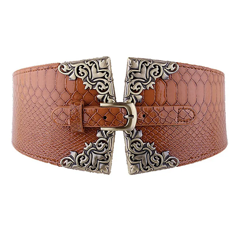 New Lady Women Elastic Waistband Wide Waist Belt Retro Metal Buckle Faux Leather Red Brown