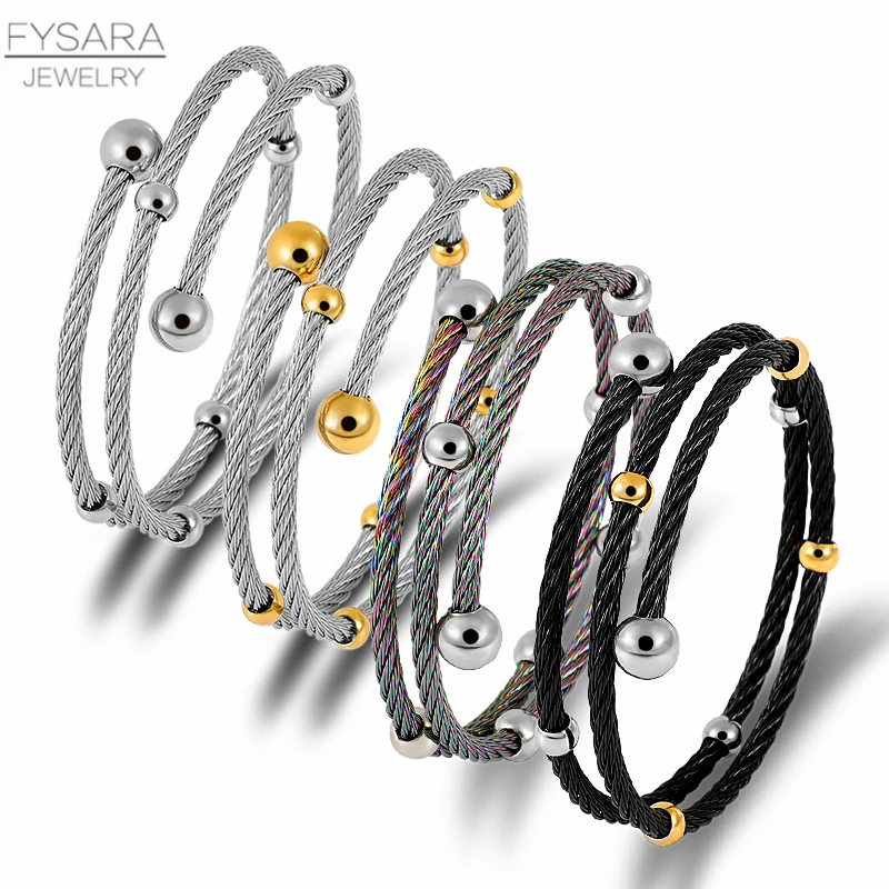 FYSARA Multi-layer Rope Cable Wire Fashion Jewelry Set Women Stainless Steel Bracelet Ring Round Ball Trendy Jewelry Set Couple