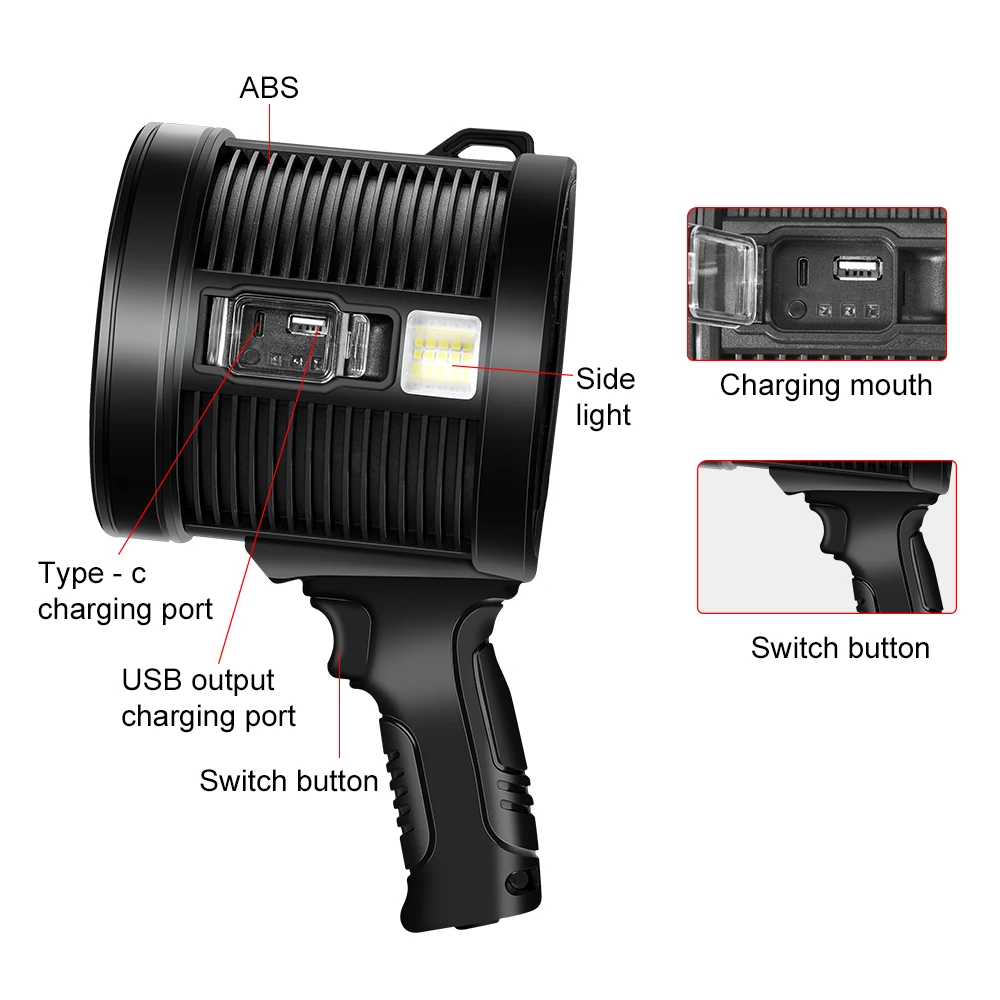 Powerful LED Flashlight High Power Lantern Solar Panel USB Rechargeable Strong Searchlight With COB Side Lamp Torch For Outdoor