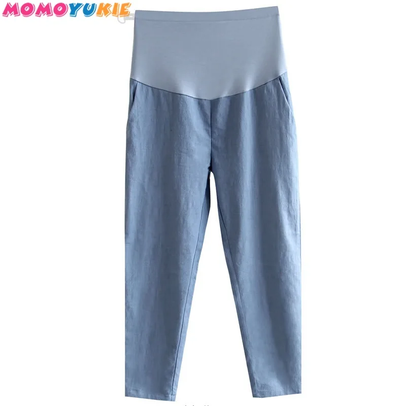 Thin Cotton Linen Spring Summer Ankle-length Pants High Waist Leisure Maternity Pants Solid Color Pregnant Women Clothing