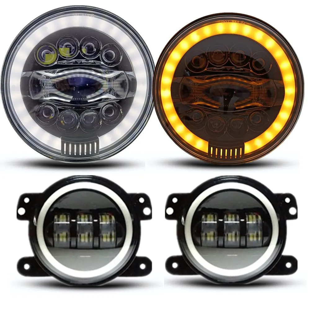 

2pc 120W 7Inch Led Headlight WIth Pair 30W White DRL Amber Turn Signal 4Inch Fog Lights For Jeep JK Wrangler JKU Accessories 07+