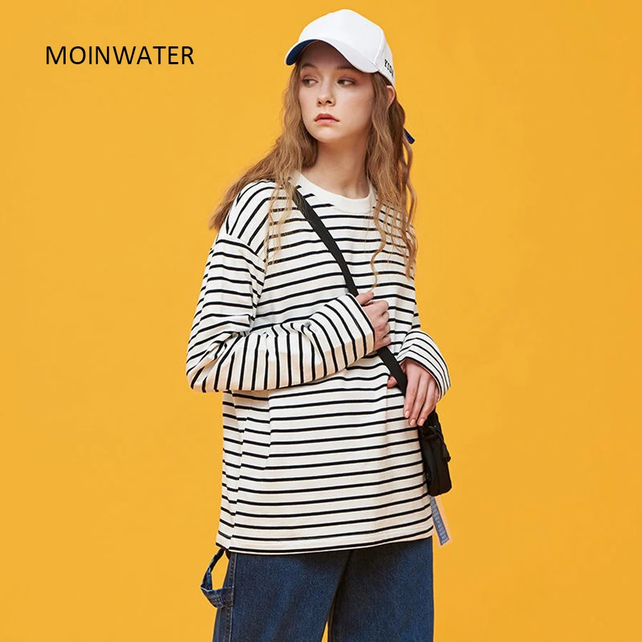 MOINWATER Women New Long Sleeve T shirts Lady White Black Striped Casual Cotton Tees Female Spring Tops MLT2108