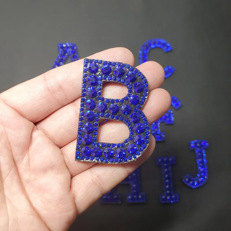 A-Z Blue Beaded Rhinestone Letter Patches For Clothing Iron on Clothes English Letter Applique 3d Sticker Stripes Badge Diy Logo