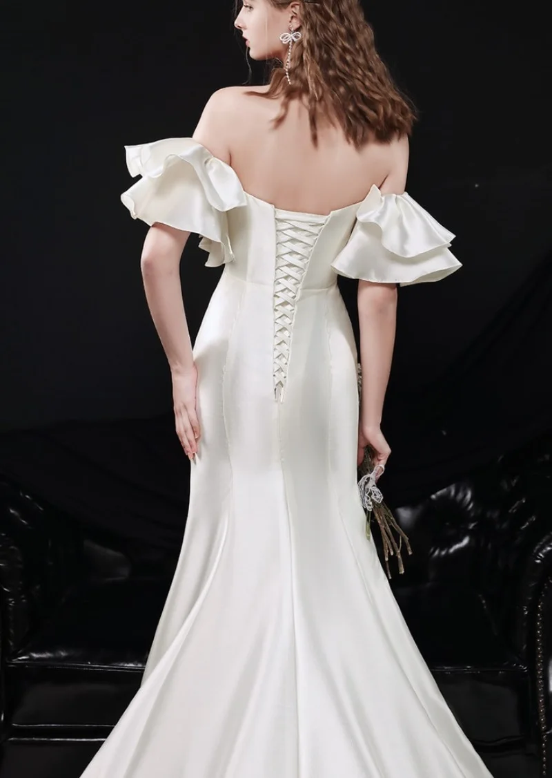 Robe de Mariée en Satin Élégante et Simple, Tenue Vintage à Manches Courtes et Traîne