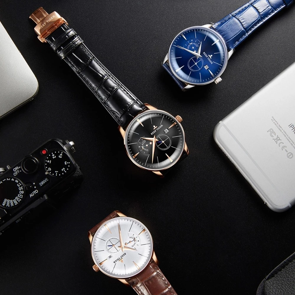 Reef Tiger/RT Роскошные повседневные мужские механические часы из натуральной кожи Водонепроницаемые сапфировые автоматические часы Relogio Masculino