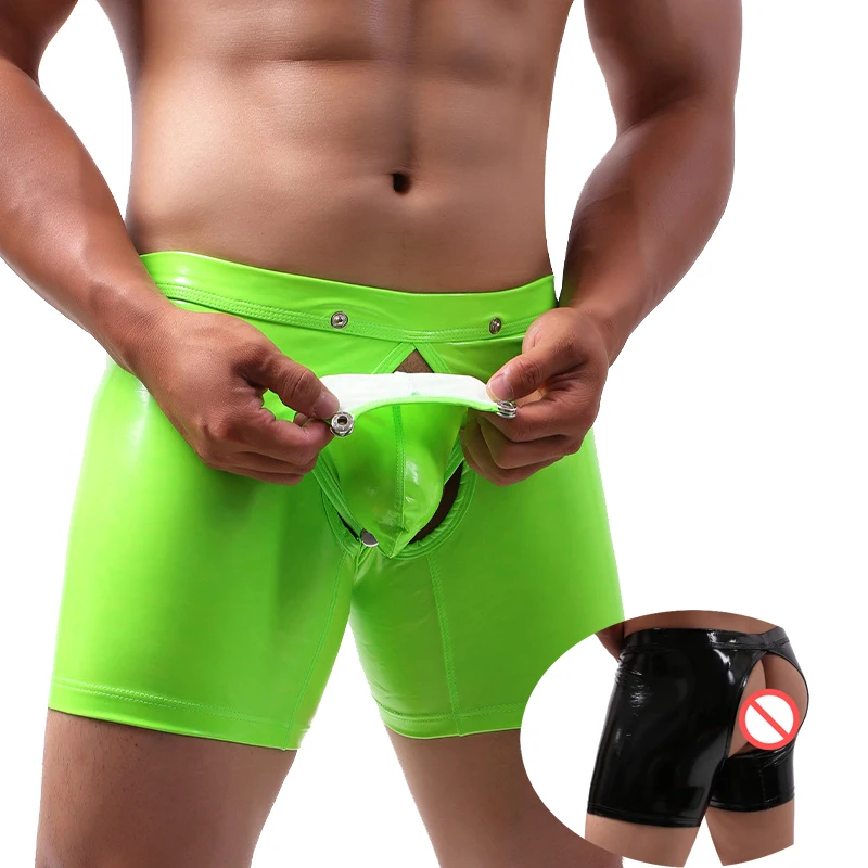 Men Long Boxer Shorts Sexy Big Penis Bag Panties Patent Leather Buttons Erotic Hollow Gay Underwear Brand Long Leg Underpants