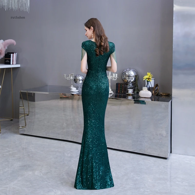 Sequined Maxi Dress Elegant V Neck Emerald Green Mermaid Formal Party Evening Dress With Beading