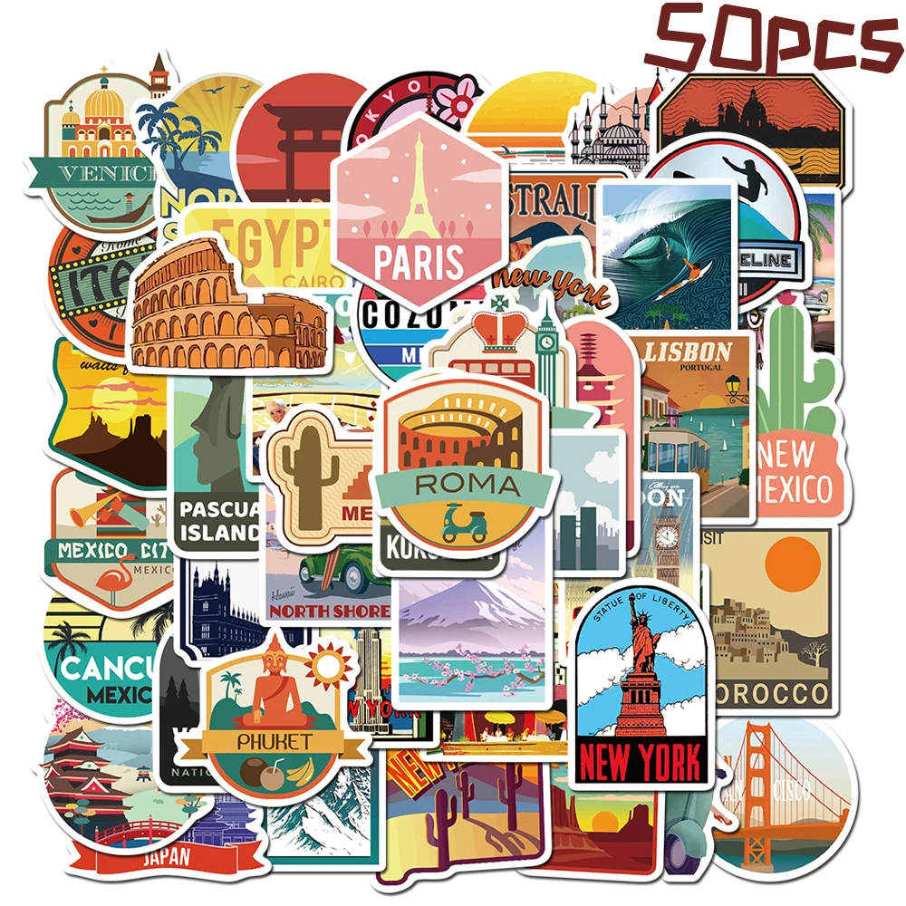 50pcs Pack Cities Travel Landscape Stickers For Skateboard Guitar Motorcycle Laptop Waterproof Sticker Toy Decals