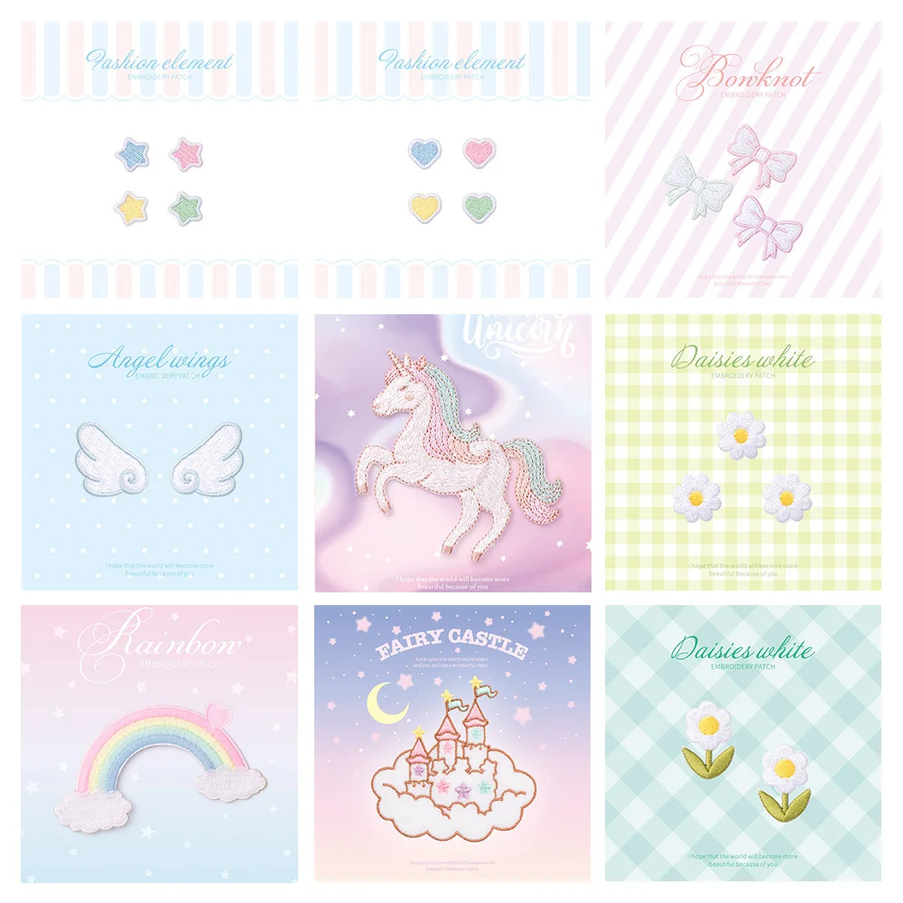 10 Style Self Adhesive Cartoon Unicorn Rainbow Bow Star Heart Embroidered Patches for Clothing Iron on Clothes Flower Stripes