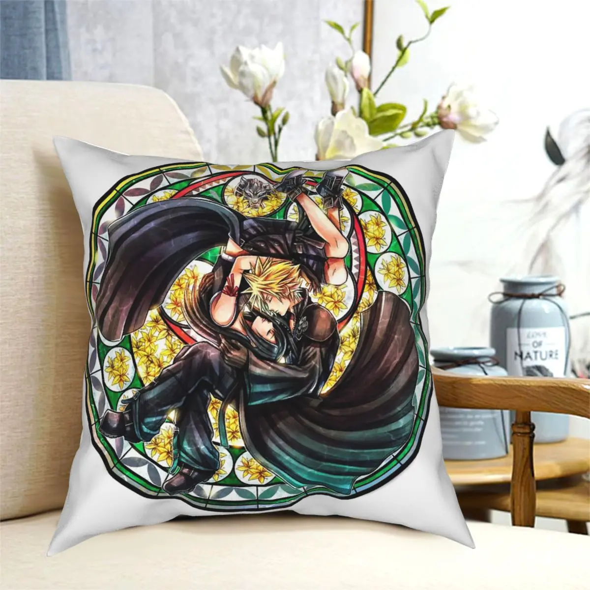 Cloud And Tifa Stained Glass Advent Children Square Pillowcase Polyester Printed Decorative Pillow Case for Home Cushion Case