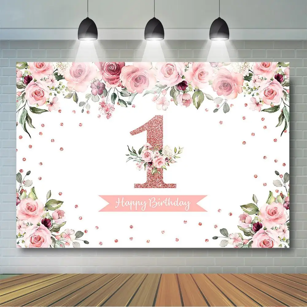 

Girls First Birthday Backdrop Pink Flower Glitter One Cake Smash Photography Background Baby 1st Birthday Party Decoration