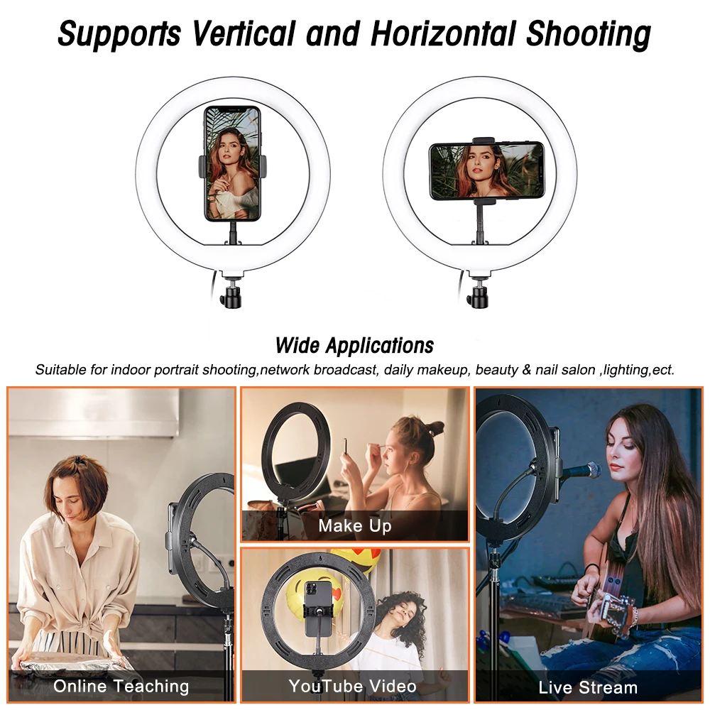 10 "LED مصباح مصمم على شكل حلقة مع حامل ثلاثي القوائم Selfie مصباح مصمم على شكل حلقة التصوير الإضاءة للصور استوديو يوتيوب يشكلون فيديو