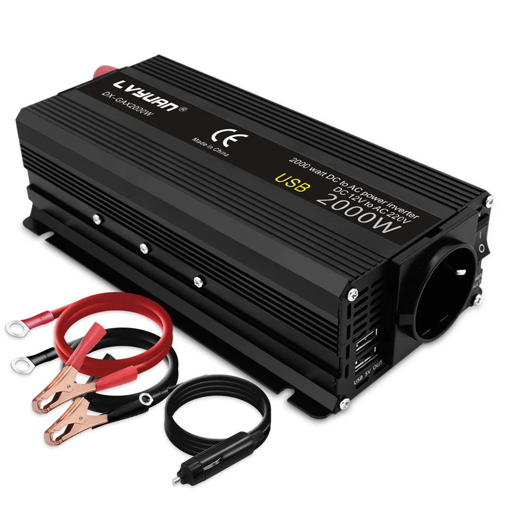 Inversor de corriente portátil para coche, adaptador Universal de 1500W/2000W, cc 12V a CA 220V, enchufe europeo, accesorios para automóvil