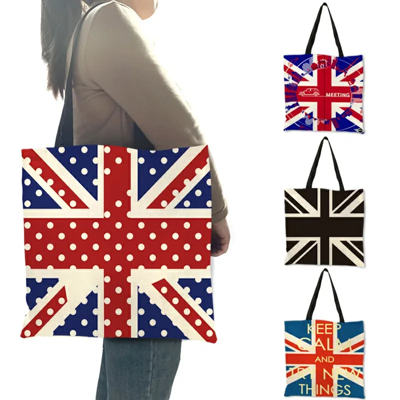 Blue Red Color Linen Female Hand Bag English Flag with Letter Printed Shoulder Bag Double Use Casual Tote Bags Bolsa Femina