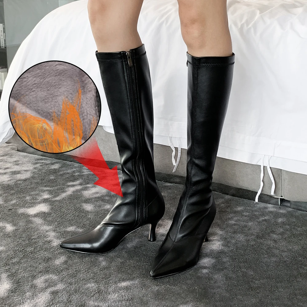 

Plus Size 34-43 New Knee High Boots Women Long Booties Pointed Toe Fashion Shoes Female Zip High Heels Party Shoes Ladies Boots