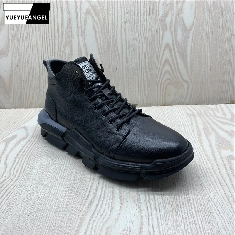 New Genuine Leather Active Shoes Mens Black Outdoor Warm High-Top Lace Up Waterproof Breathable Natural Cowhide Casual Shoes