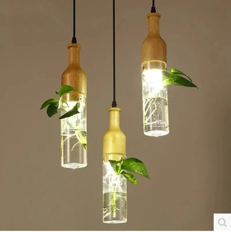 

Modern LED plant pendant lamp wood glass Bottle Pendant Light Fixture DIY Home Decoration Dinning Room Bar Cafe E27 fashion hang