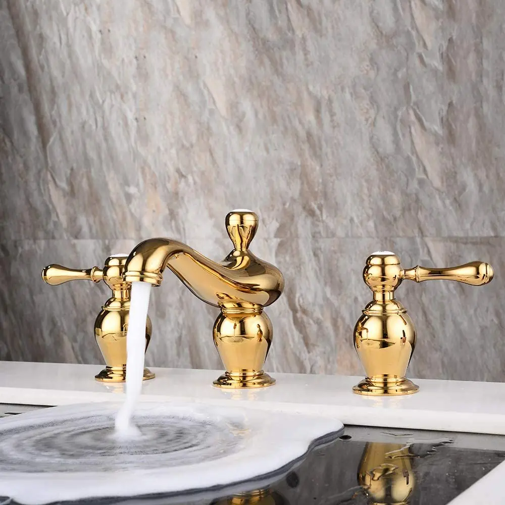 High Quality Gold Two Handles Three Holes Waterfall Bathroom Sink Faucet Luxury Golden Brass Basin Faucet Cold hot water Tap