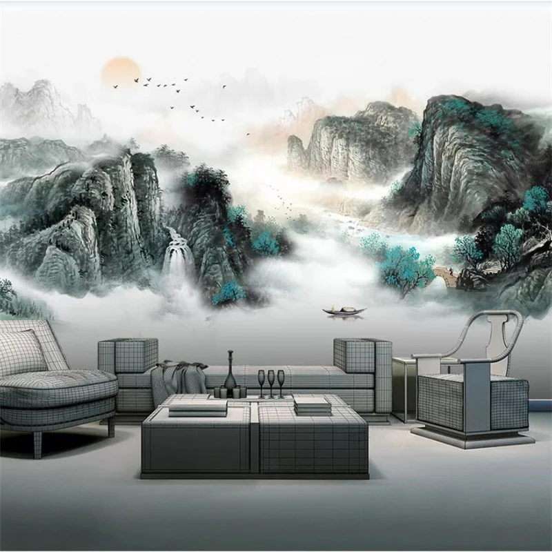 

wellyu Customized large murals, new Chinese style, Chinese painting, landscape scenery, living room, wall wallpaper