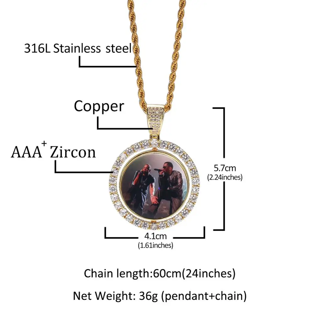 UWIN Custom Made Photo Round Medallions Cubic Zircon Pendant&Necklace Rotating double-sided Picture Pendants for Drop shipping